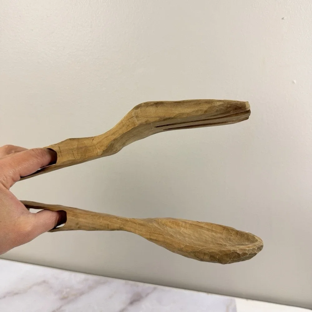 Vintage Olive Wood Salad Tongs Carved Handmade Folk Art Rustic Kitchen Utensils
